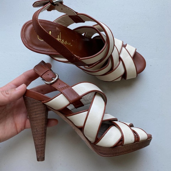 COLE HAAN Brown and White Leather Strappy Slingback Heels, Size 5.5B - Picture 1 of 11